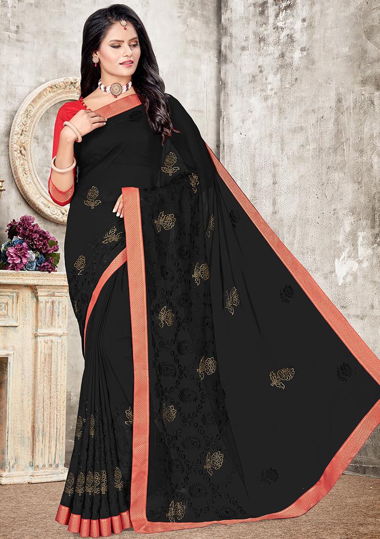 Black Embroidered Georgette Saree Set - Indya