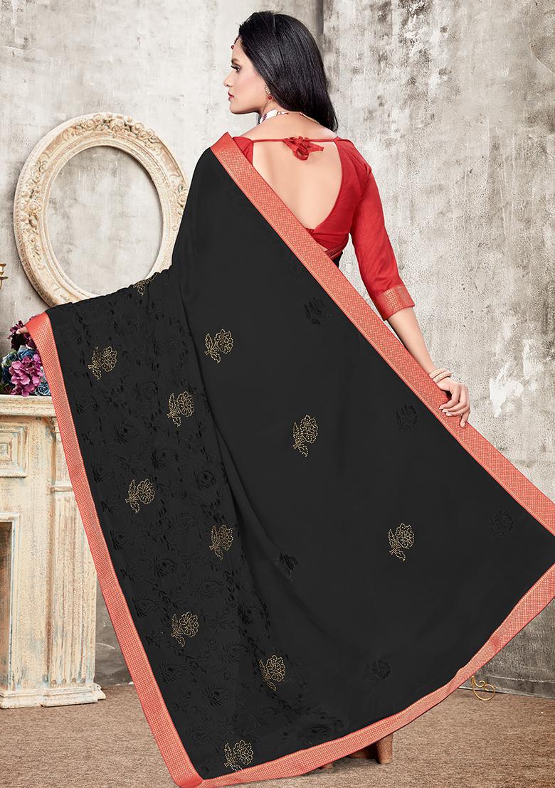 Black Embroidered Georgette Saree Set