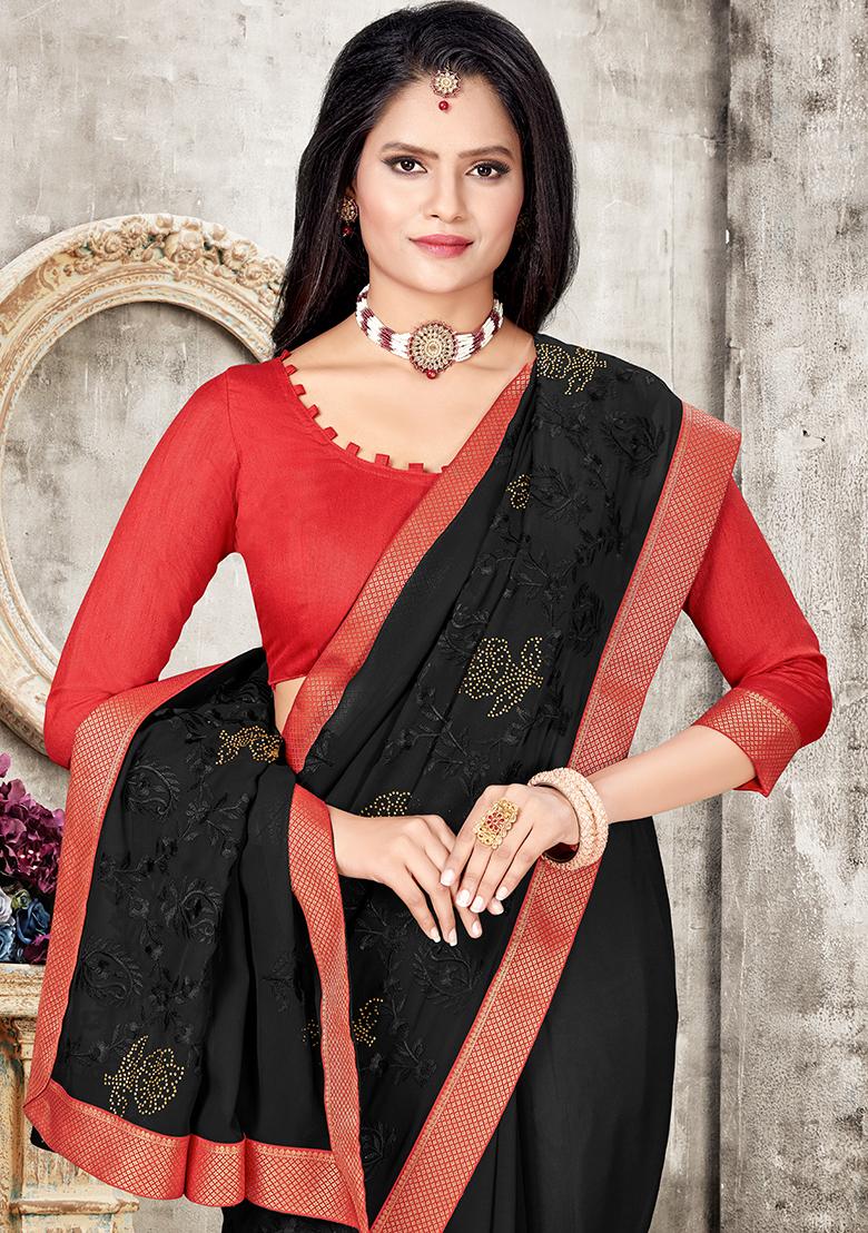 Black Embroidered Georgette Saree Set - Indya