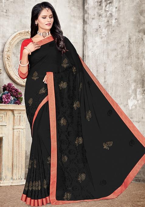 Black Embroidered Georgette Saree Set