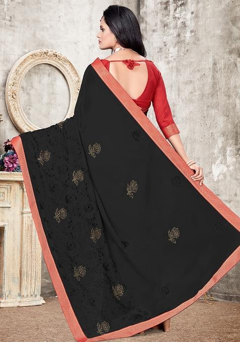 Black Embroidered Georgette Saree Set