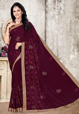 Coffee Embroidered Georgette Saree Set