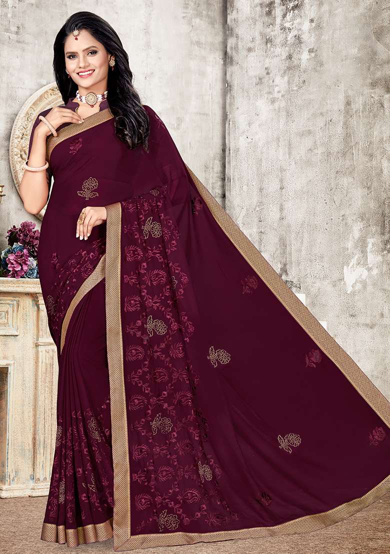 Coffee Georgette Saree Set with Embroidered for Diwali | Wedding & Festive Wear - Indya