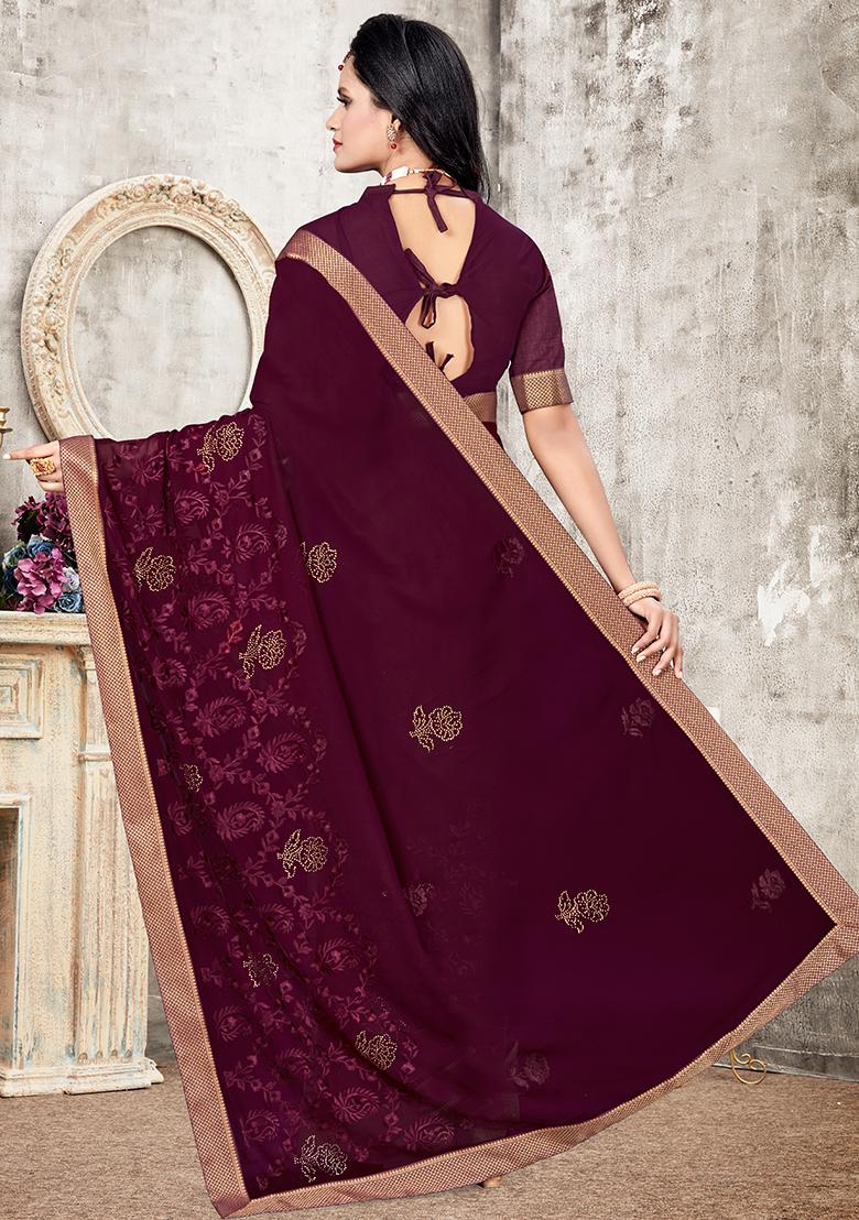 Coffee Embroidered Georgette Saree Set - Indya