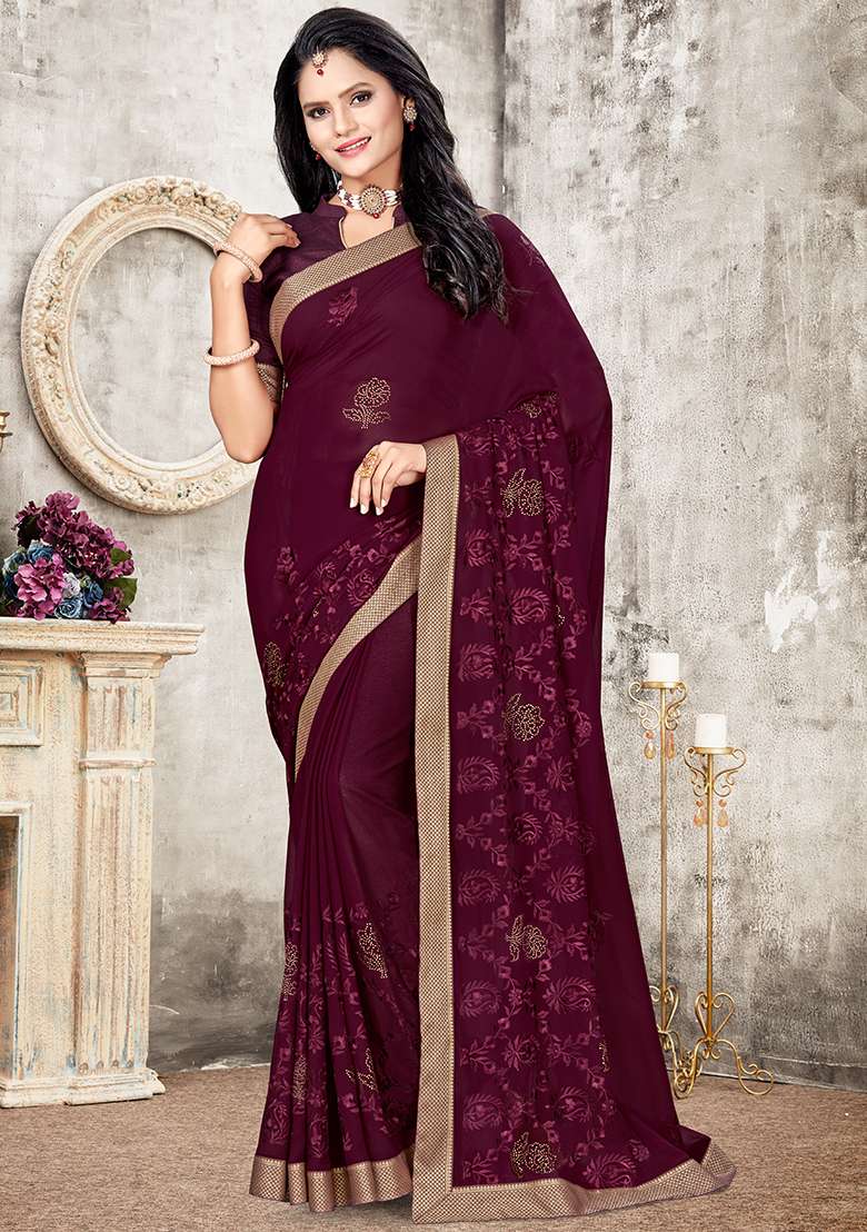 Coffee Georgette Saree Set with Embroidered for Diwali | Wedding & Festive Wear - Indya