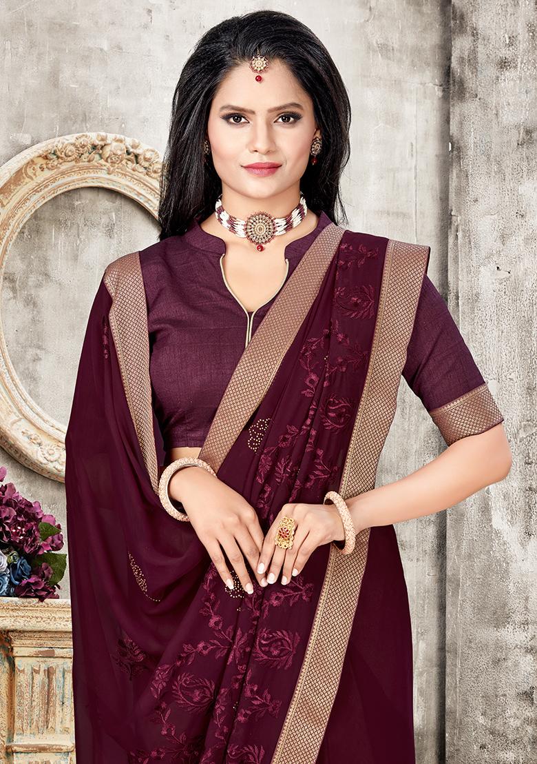 Coffee Embroidered Georgette Saree Set - Indya