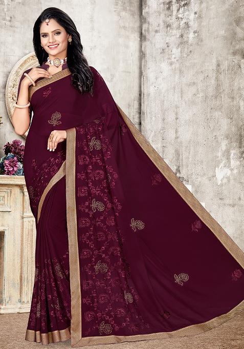 Coffee Embroidered Georgette Saree Set