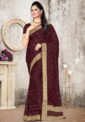 Coffee Embroidered Silk Saree Set