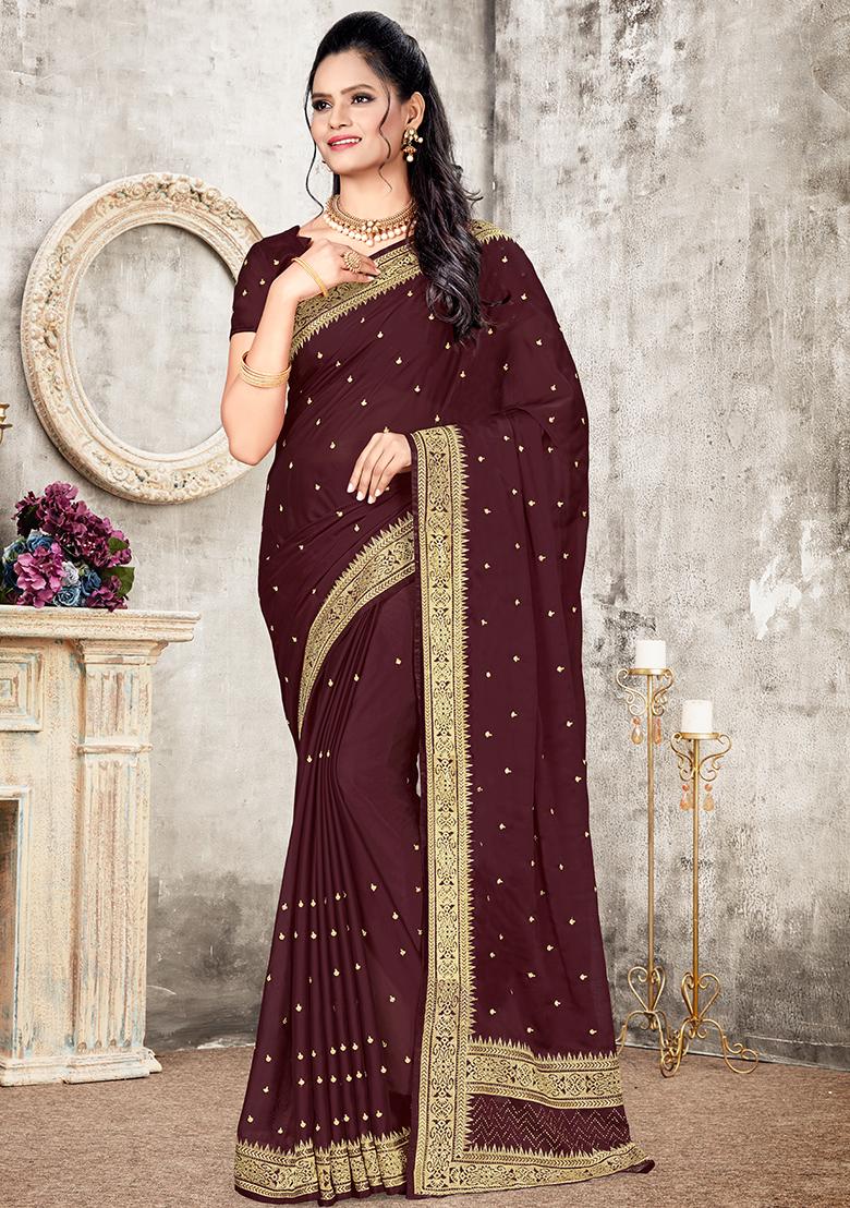 Coffee Embroidered Silk Saree Set