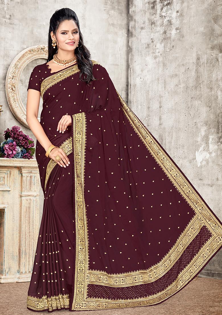 Coffee Embroidered Silk Saree Set