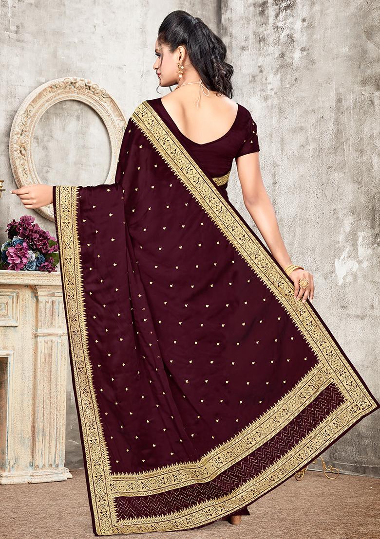 Coffee Embroidered Silk Saree Set - Indya