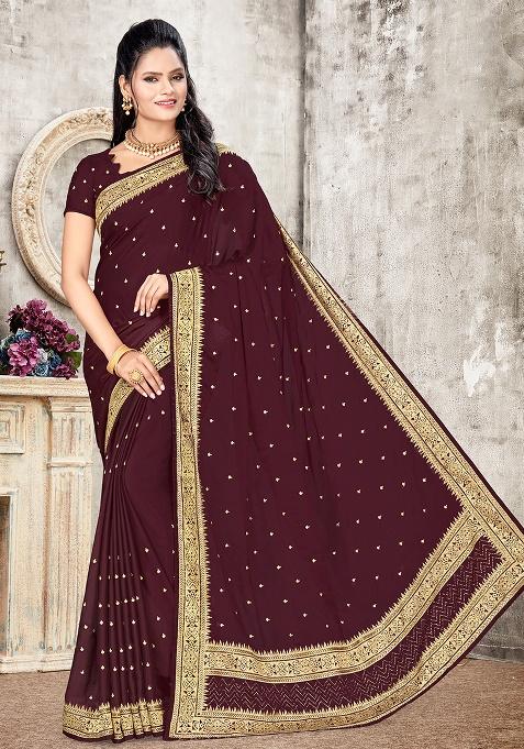 Coffee Embroidered Silk Saree Set