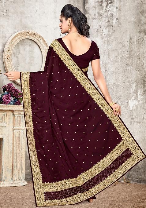 Coffee Embroidered Silk Saree Set