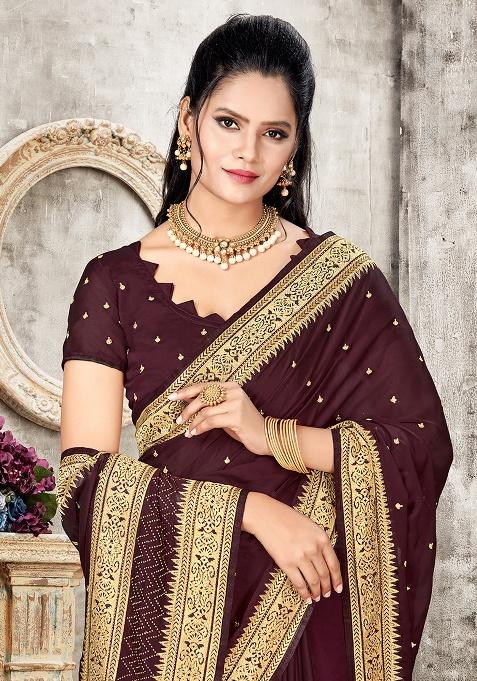 Coffee Embroidered Silk Saree Set