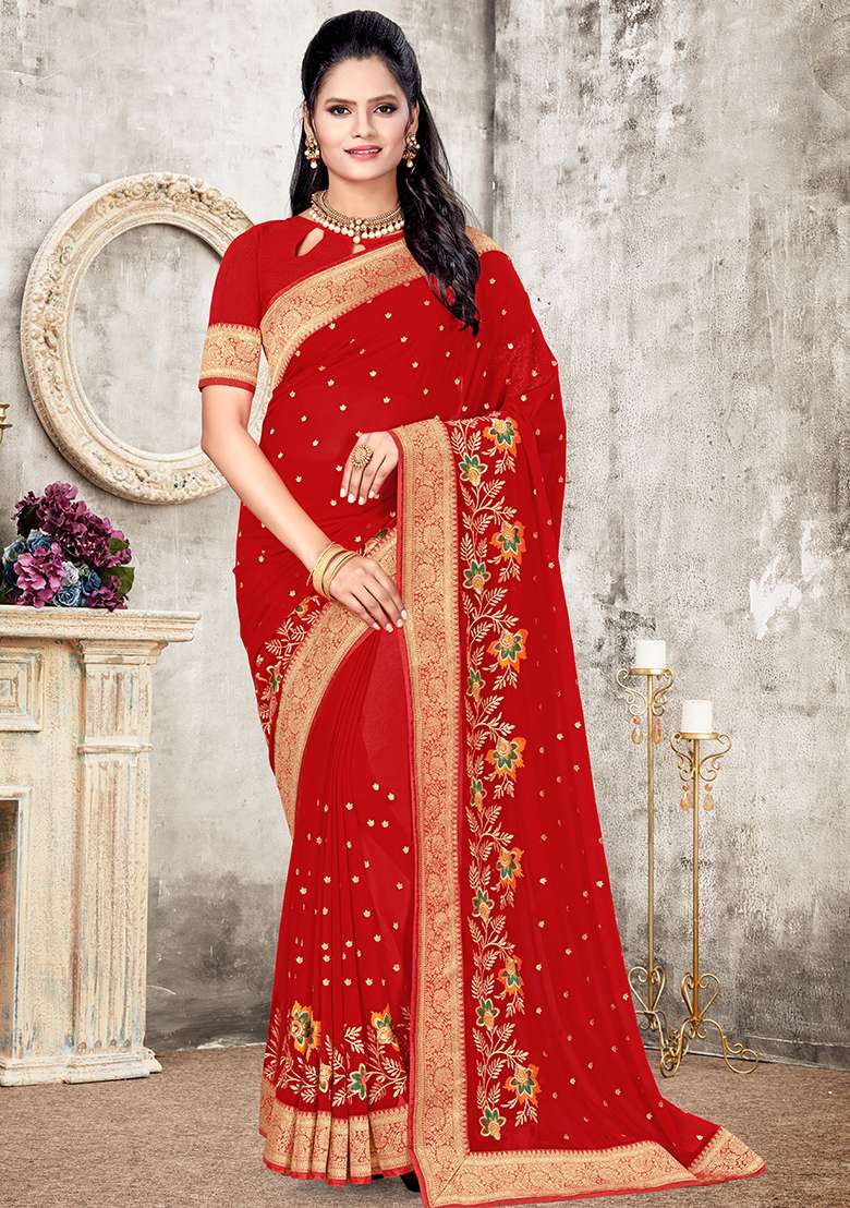 Red Embroidered Georgette Saree Set for Diwali and Festive Wear - Indya