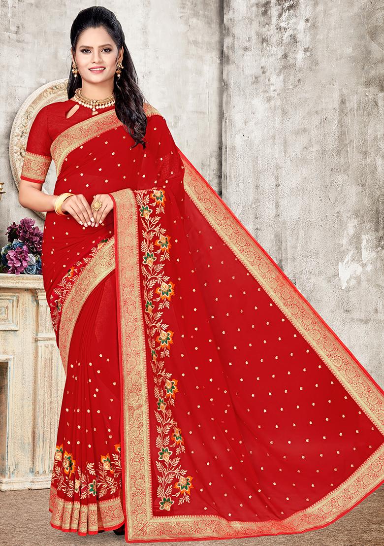 Red Embroidered Georgette Saree Set - Indya