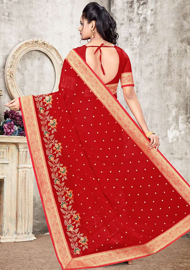 Red Embroidered Georgette Saree Set for Diwali and Festive Wear - Indya