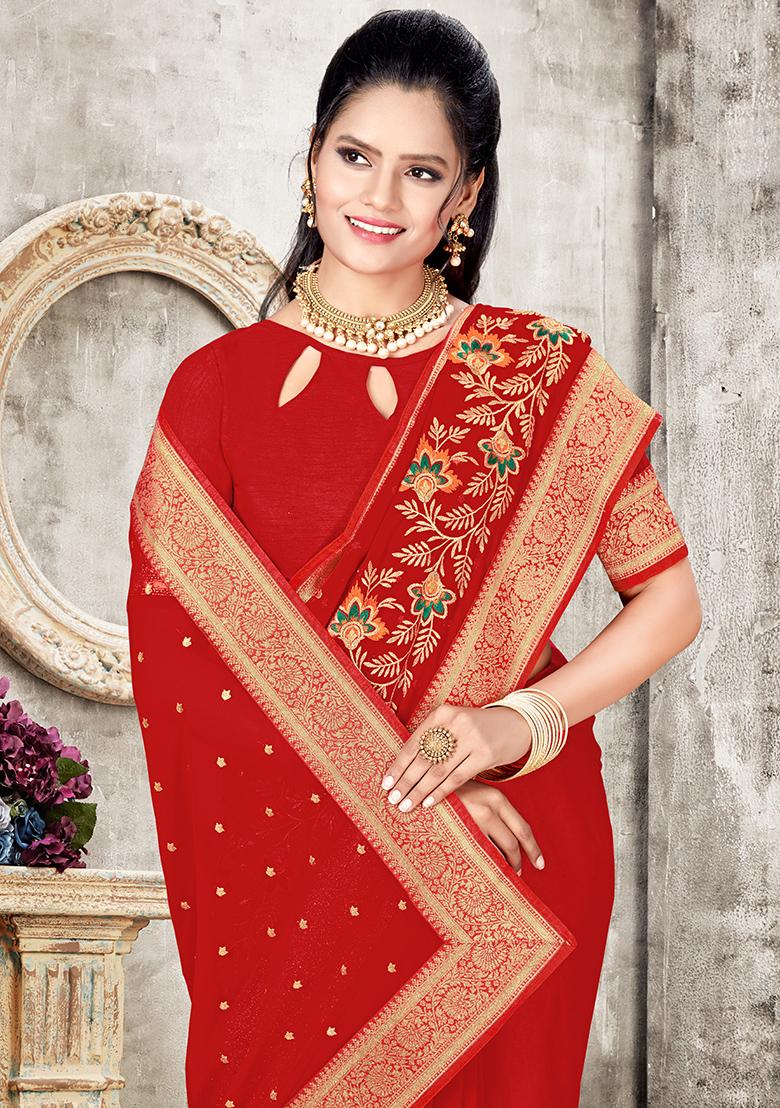 Red Embroidered Georgette Saree Set - Indya