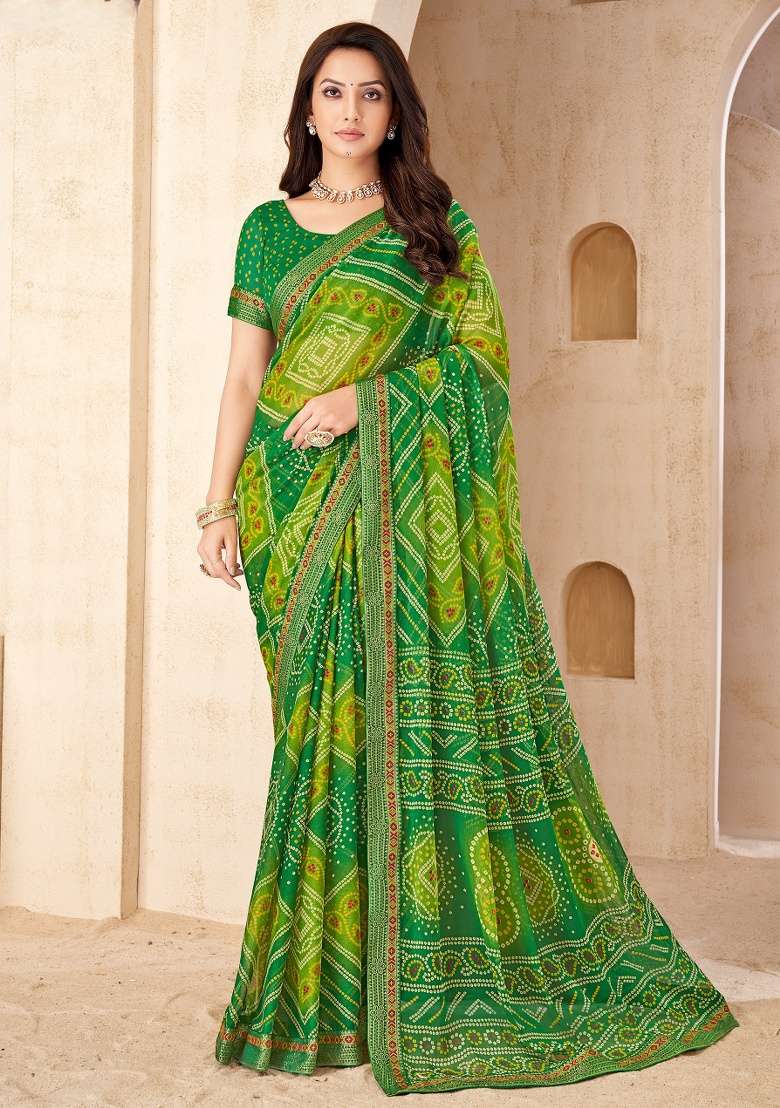 Green Embroidery Work Chiffon Saree Set - Indya