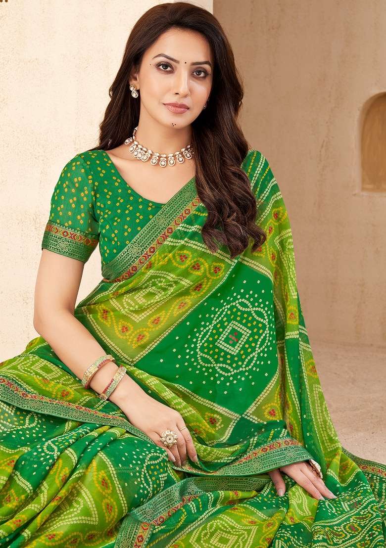 Green Embroidery Work Chiffon Saree Set - Indya