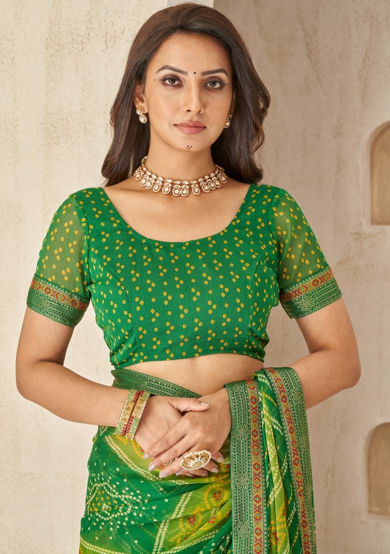 Green Embroidery Work Chiffon Saree Set - Indya