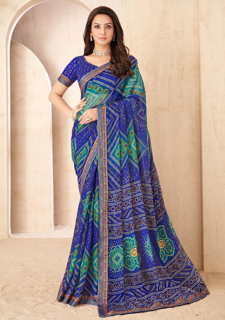 Blue Embroidery Work Chiffon Saree Set