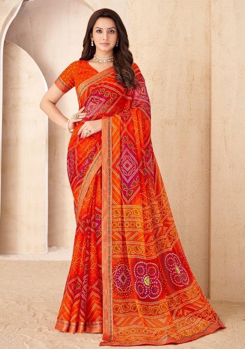 Orange Embroidery Work Chiffon Saree Set