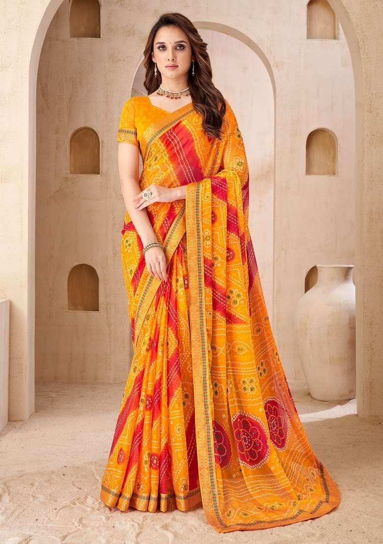 Yellow Embroidery Work Chiffon Saree Set - Indya