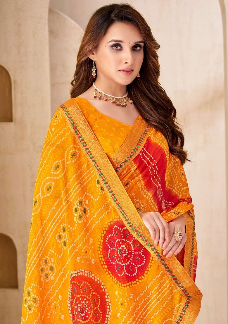 Yellow Embroidery Work Chiffon Saree Set - Indya