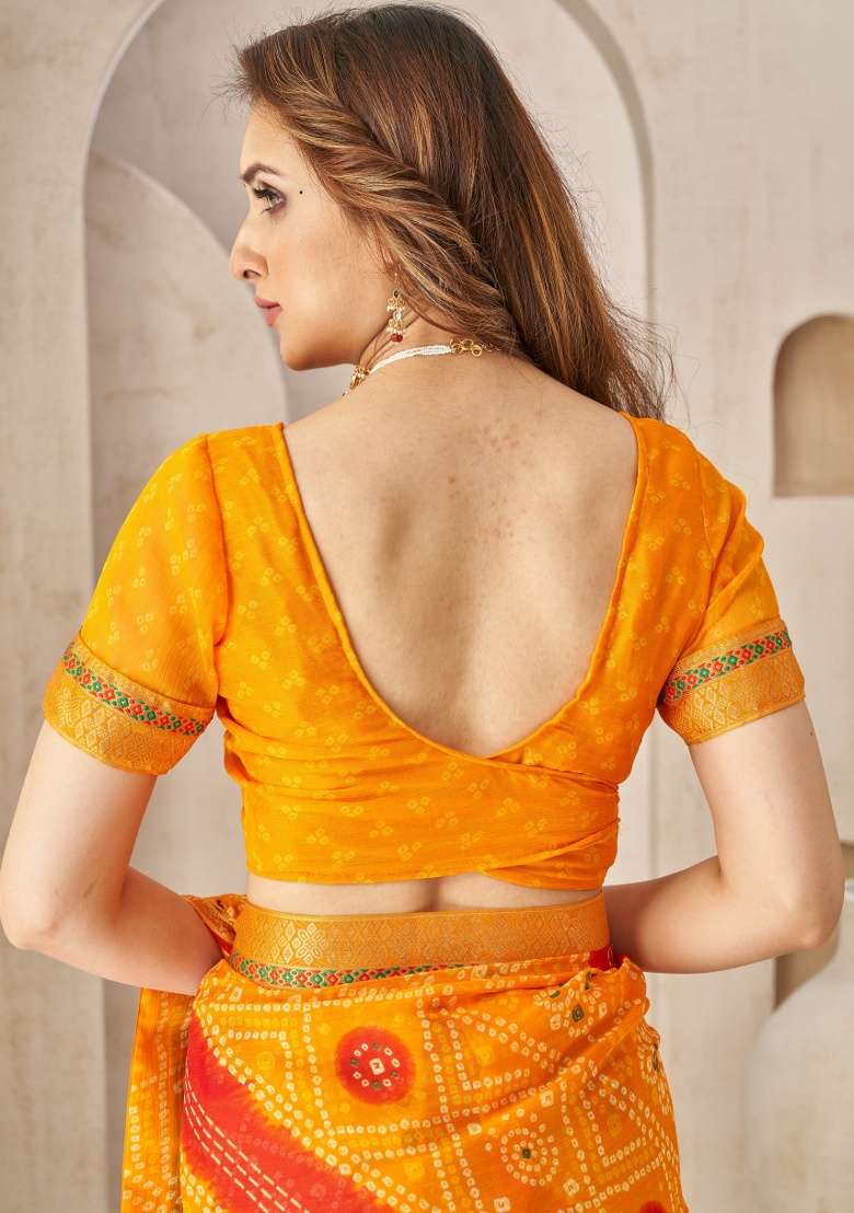 Yellow Embroidery Work Chiffon Saree Set - Indya