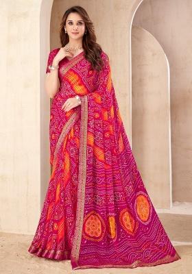 Magenta Embroidery Work Chiffon Saree Set