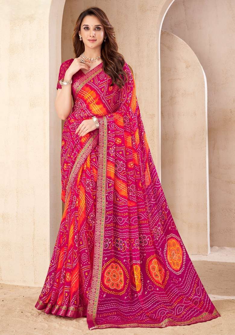 Magenta Embroidery Work Chiffon Saree Set - Indya