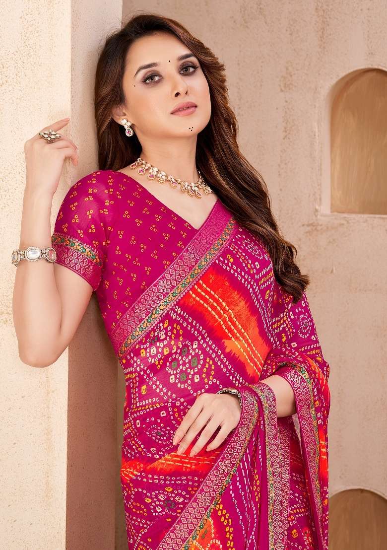 Magenta Embroidery Work Chiffon Saree Set - Indya