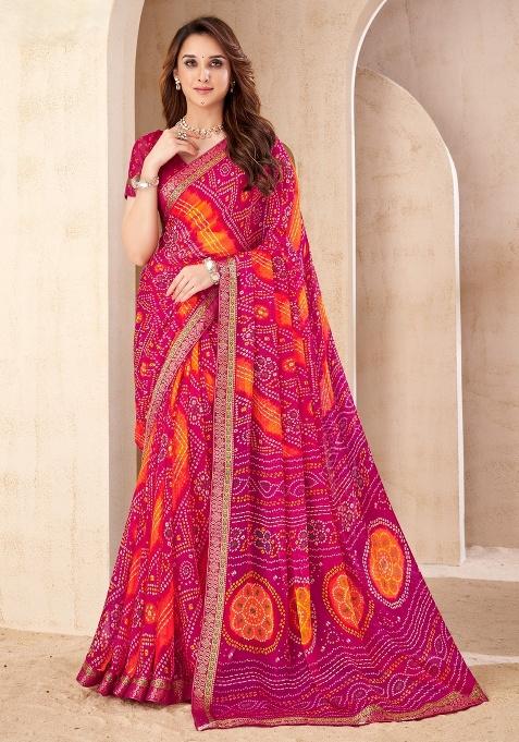 Magenta Embroidery Work Chiffon Saree Set