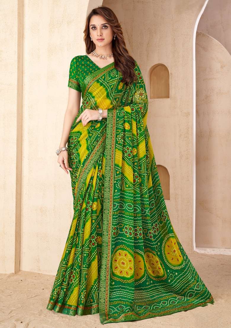Green Embroidery Work Chiffon Saree Set - Indya