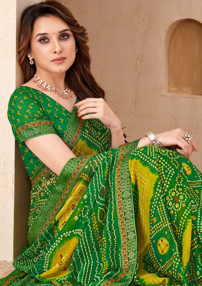 Green Embroidery Work Chiffon Saree Set - Indya