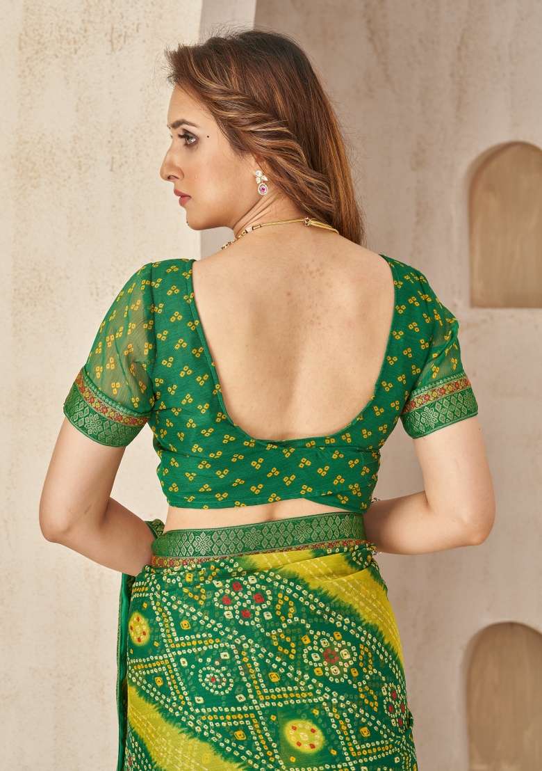 Green Embroidery Work Chiffon Saree Set - Indya