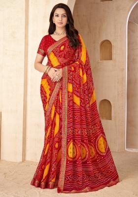Red Embroidery Work Chiffon Saree Set