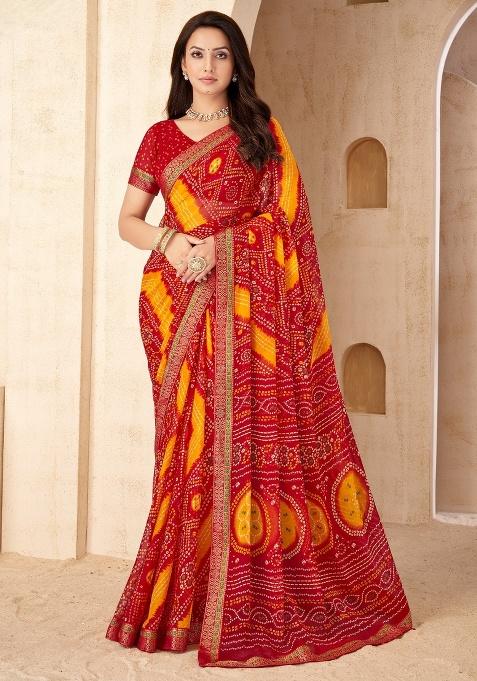 Red Embroidery Work Chiffon Saree Set