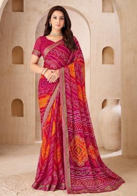 Magenta Embroidery Work Chiffon Saree Set