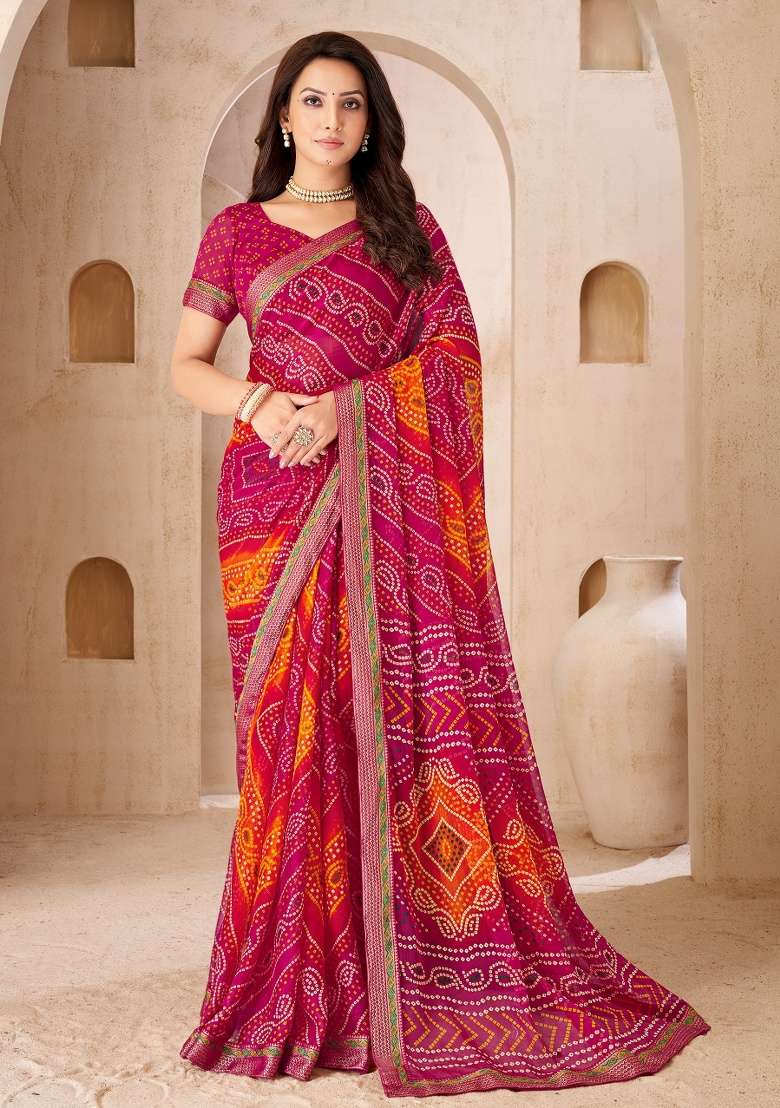Magenta Embroidery Work Chiffon Saree Set - Indya