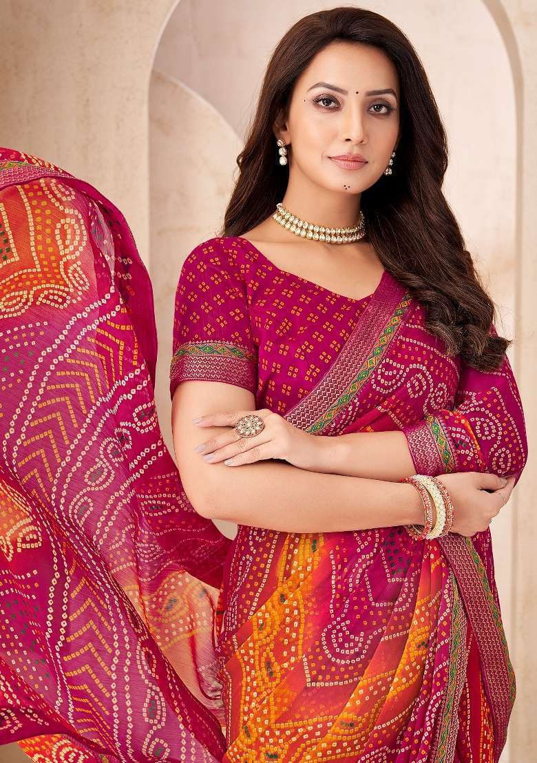 Magenta Embroidery Work Chiffon Saree Set - Indya