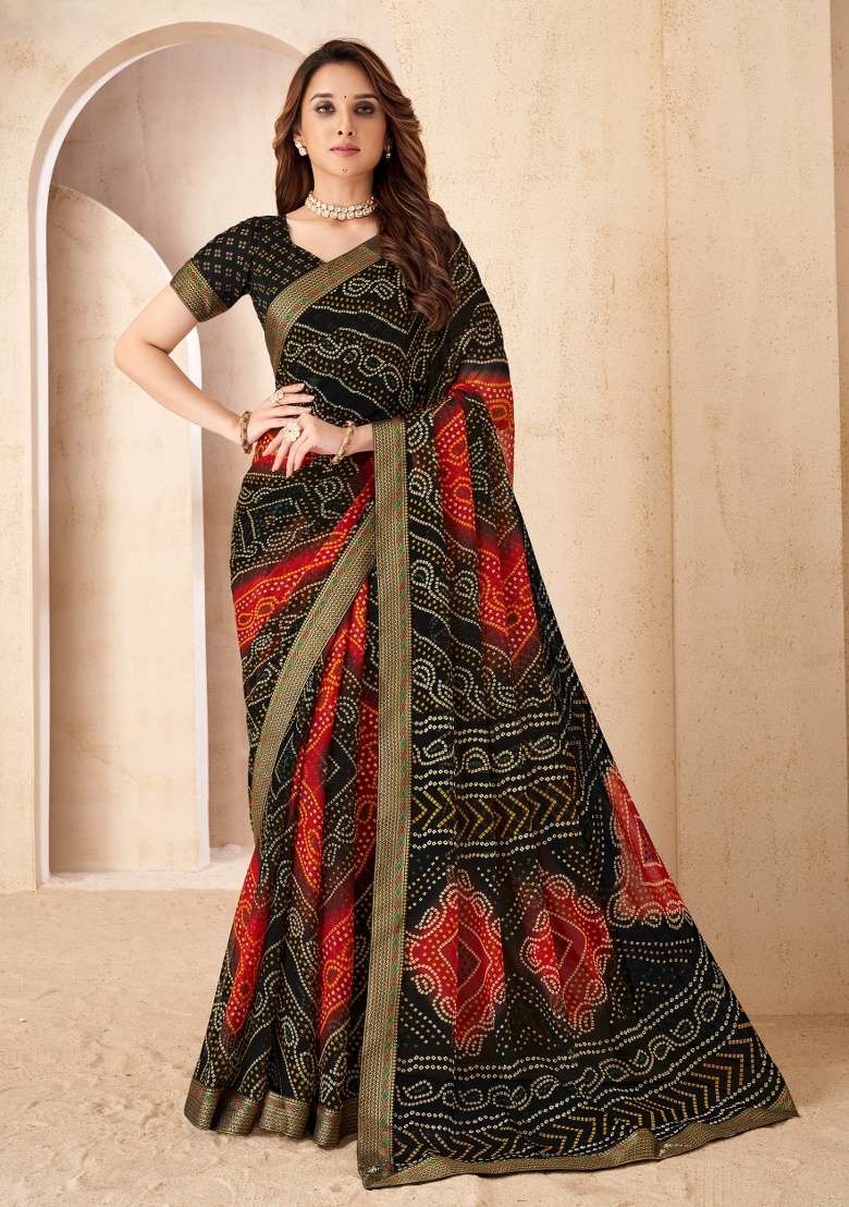 Black Embroidery Work Chiffon Saree Set - Indya