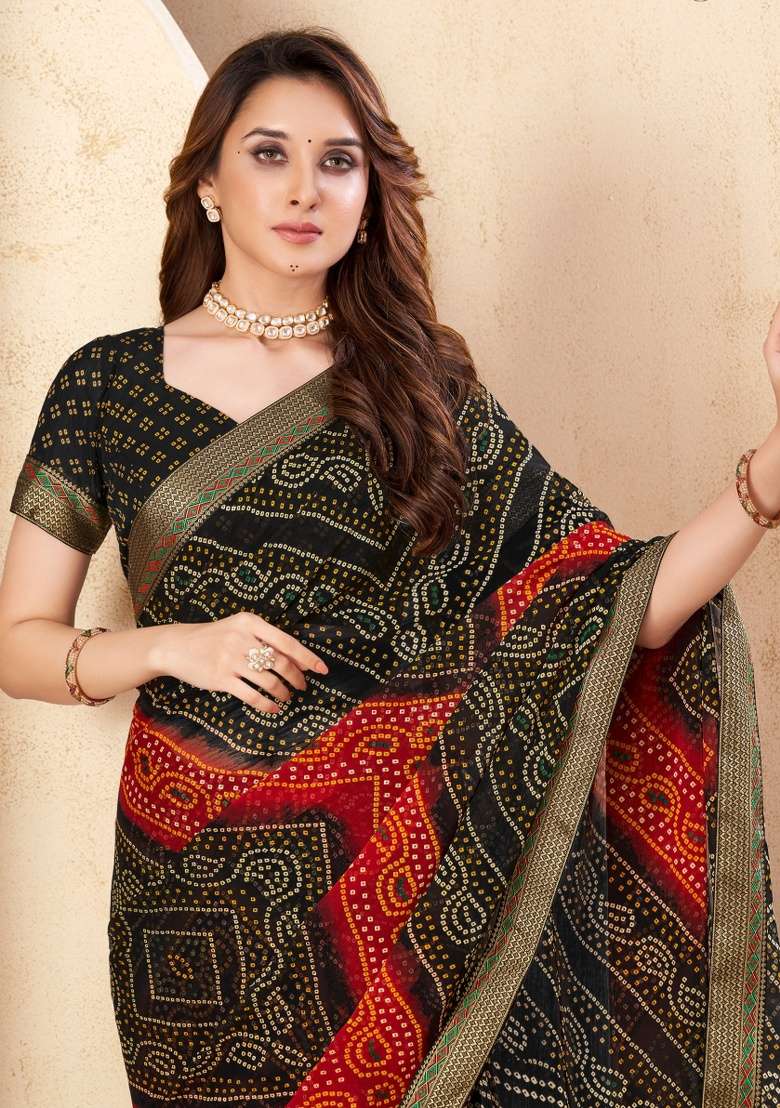 Black Embroidery Work Chiffon Saree Set - Indya