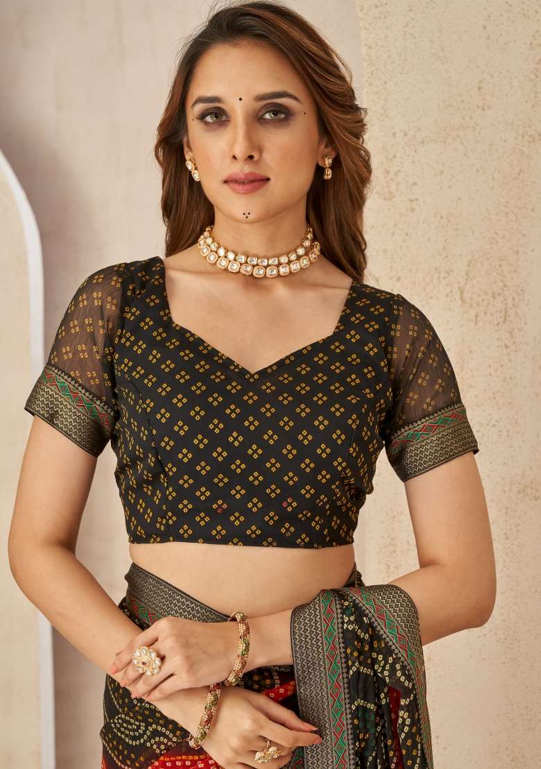 Black Embroidery Work Chiffon Saree Set - Indya