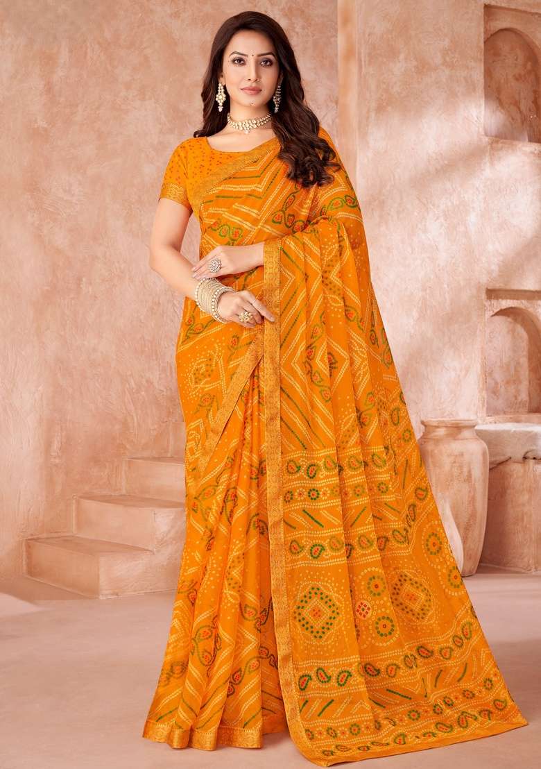 Yellow Embroidery Work Chiffon Saree Set for Diwali and Festive Wear - Indya