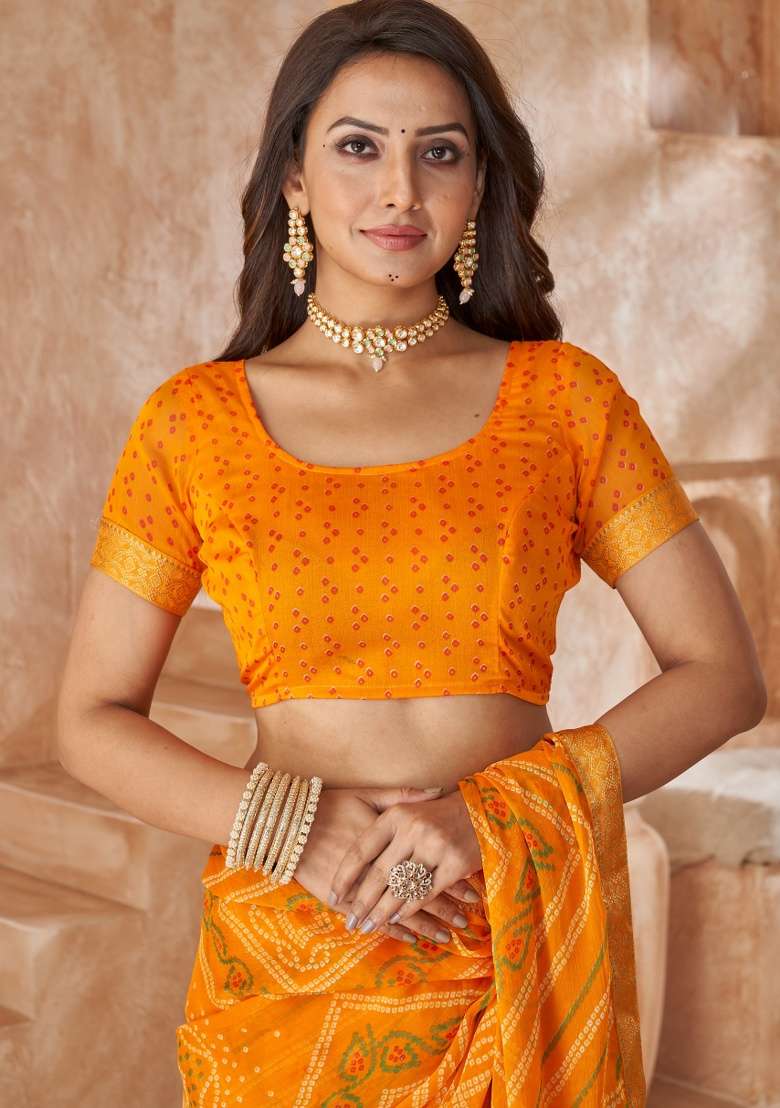 Yellow Embroidery Work Chiffon Saree Set for Diwali and Festive Wear - Indya