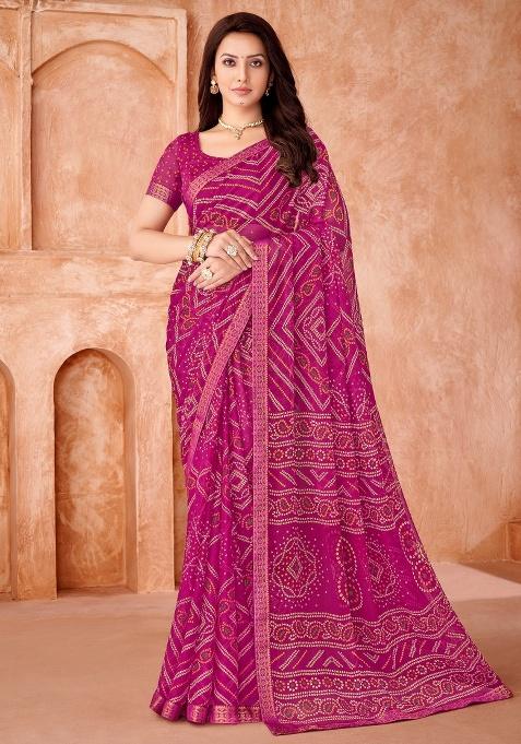Magenta Embroidery Work Chiffon Saree Set