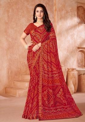 Red Embroidery Work Chiffon Saree Set