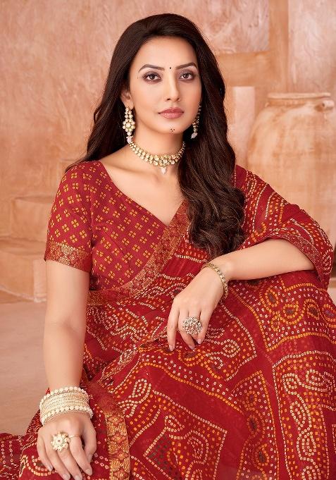 Red Embroidery Work Chiffon Saree Set